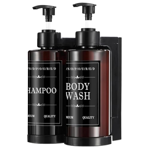 Shampoo and Conditioner Dispenser for Shower Wall, Body Wash Dispenser with 5 Waterproof Labels, No-Drill Wall Mounted Shower Soap Dispenser for Bathroom Decor Upgrade - Brown 2 Chamber - color: Brown - 2 Bottle