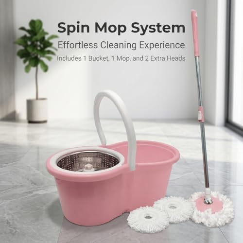 Universal Spin Mop and Bucket System with Stainless Steel Wringer - Heavy-Duty Floor Cleaning Kit Includes 4 Microfiber Mop Head Refills and Extendable Handle, Pink and White, Single Pack