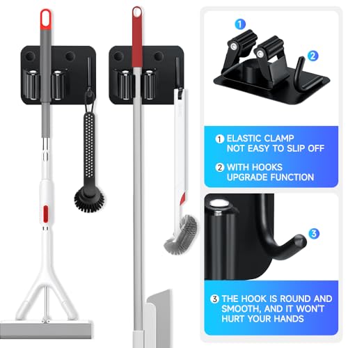 JAMEND CLXP 2-Pack Broom Holder with Heavy Duty Hooks, Upgraded Stainless Steel Mop Hanger. Wall Mount Utility Tool Rack for Kitchen Garden Laundry Garage. Matte Black.