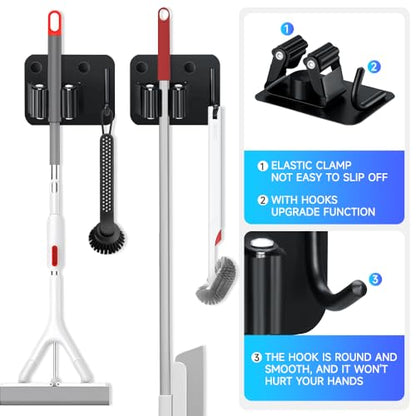 JAMEND CLXP 2-Pack Broom Holder with Heavy Duty Hooks, Upgraded Stainless Steel Mop Hanger. Wall Mount Utility Tool Rack for Kitchen Garden Laundry Garage. Matte Black.