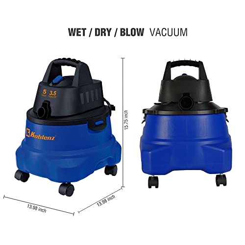 Koblenz WD-5 L2 Wet Dry Vacuum Cleaner, 5 Gallon Shop Vac 3.5 PHP, 3-in-1 Suction & Blower, Swivel Casters, Twist-N-Lock Hose, Large Vacuum Cleaners for Home, Workshop, Car, Blue/Black - size: 5 Gallon 3.5 HP