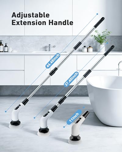 Powerful Electric Spin Scrubber, for Mom, Cordless Cleaning Brush, 90-Min Extended Runtime, Telescopic Long Handle, 8 Replaceable Heads, 2 Speeds for Bathroom, Floor & Glass