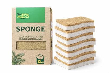 12 Pack Natural Coconut Fiber Dish Sponges, Non Scratch Kitchen Scrub Sponges, Cellulose Cleaning Sponge for Dishes, Pots & Pans, Reusable Organic Kitchen Sponges
