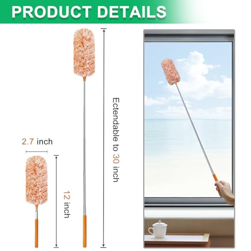 2 Pack Extendable Microfiber Feather Duster, Electrostatic Microfiber Head, Up to 30 Inch Extension Pole, Car Duster, Telescoping Feather Dusters for Cleaning