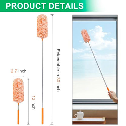 2 Pack Extendable Microfiber Feather Duster, Electrostatic Microfiber Head, Up to 30 Inch Extension Pole, Car Duster, Telescoping Feather Dusters for Cleaning