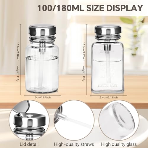 2 Pcs Clear Pump Dispenser Bottles (180ml/6Oz + 100ml), Glass Push Down Liquid Dispenser with Metal Flip Cover, Refillable Press Container for Nail Polish Remover, Makeup Remover & Lotion - size: Circle + Square