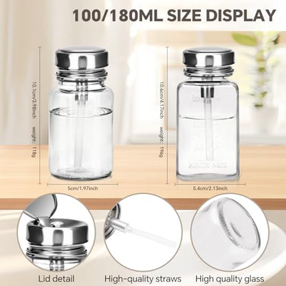 2 Pcs Clear Pump Dispenser Bottles (180ml/6Oz + 100ml), Glass Push Down Liquid Dispenser with Metal Flip Cover, Refillable Press Container for Nail Polish Remover, Makeup Remover & Lotion - size: Circle + Square
