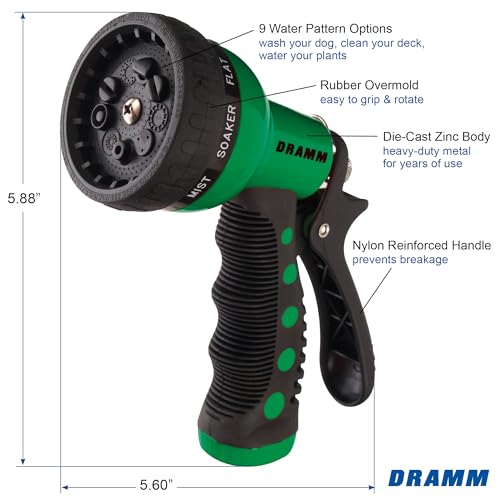 Dramm Revolver Heavy Duty Metal Garden Hose Nozzle – 9 Spray Patterns, High Pressure Jet, Thumb-Control Flow, Ergonomic Grip – Green - color: Green, style: 9-Pattern Revolver