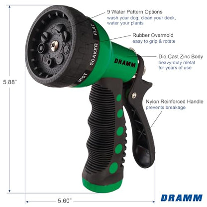 Dramm Revolver Heavy Duty Metal Garden Hose Nozzle – 9 Spray Patterns, High Pressure Jet, Thumb-Control Flow, Ergonomic Grip – Green - color: Green, style: 9-Pattern Revolver