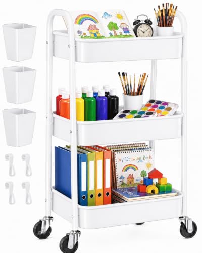 3 Tier Rolling Storage Cart with Wheels,White Metal Bedside Cart for Baby Essentials, Utility Roller Carts Organzier on Wheels, Three Tiered Shelf for Snack, Art, Cleaning, Craft, Book, Diaper Caddy - color: White, size: 3 Tier+Cups+Hooks