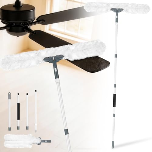 Microfiber Ceiling Fan Cleaner Duster with Extension Pole 59" | 360° Adjustable Head/ Washable/27.5 inch Wide Long Duster for Cleaning Ceiling Fan/High Ceiling/Wall/Blinds/Furniture/White