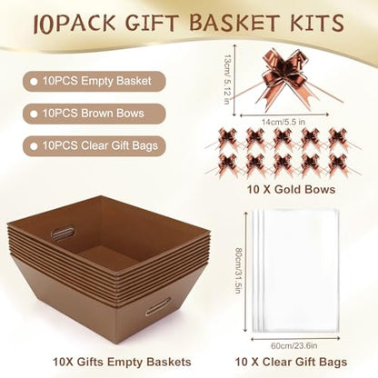 AFOROEOA 10PACK Baskets for Gifts Empty, 10x12”Thick Brown Gift Basket with Handles 10 Bows 10 Bags Empty Gift Baskets for Christmas Thanksgiving Wedding Birthday Party Wrapping Gift - color: 10PACK Brown