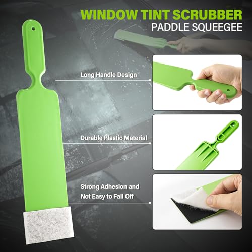 Gomake Window Tint Tool with 12 Inch Tint Brush, Long Handle Auto Bulldozer Squeegee Scrubber Paddle Squeegee Kit, Flat Glass Scraper Cleaning Tool for Car Front Windows Rear Glass