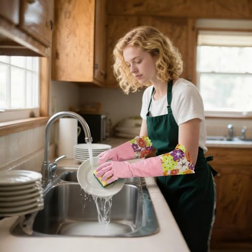 Bamllum 2 Pairs Rubber Cleaning Gloves, Household Kitchen Dishwashing Gloves with Cotton Flocked Liner, Long Cuff 16 Inches (Yellow+Pink, Small) - color: Yellow+pink, size: Small