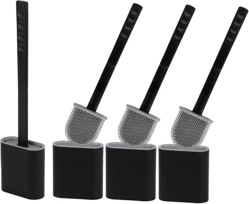 Modern Minimalist Silicone Toilet Brushes & Holders - Pack of 4 Toilet Bowl Brushes Black - Self-Cleaning & Splash-Free, Easy-Rinse Design with Wall Mounted Holder Bathroom Accessory - color: Black, size: Pack of 4