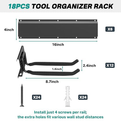 EVERHANGER Garage Tool Storage Organizer, Wall Mount Garden Tool Rack Organization, Heavy Duty Folding Chair Hangers with 12 Adjustable Hooks, Max Load 900lb, 96inch - size: 12Hooks