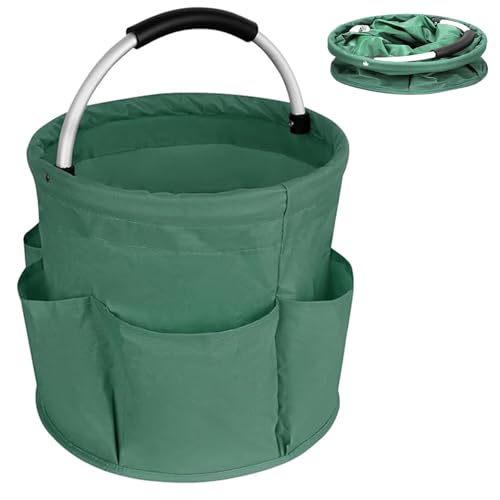 17L Foldable Cleaning Caddy with Handle, Cleaning Supplies Organizer Storage Basket with 6 Side Pockets, Portable Multi Cleaning Bucket Bag for Home Garden Bathroom Camping (Green) - color: Green