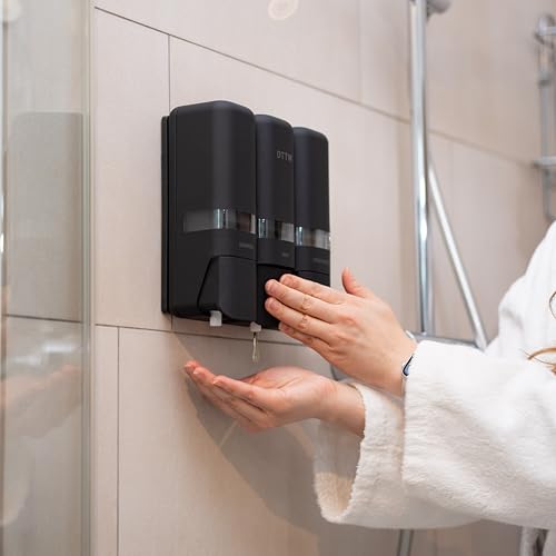 Shower Soap Dispenser 3 Chamber No Drill, Wall Mounted Shampoo Conditioner Body Wash Dispenser, Stick-On Installation, Lockable Matte Black, Refillable 250ml x 3 for Bathroom & Hotel