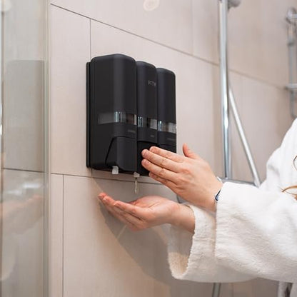 Shower Soap Dispenser 3 Chamber No Drill, Wall Mounted Shampoo Conditioner Body Wash Dispenser, Stick-On Installation, Lockable Matte Black, Refillable 250ml x 3 for Bathroom & Hotel