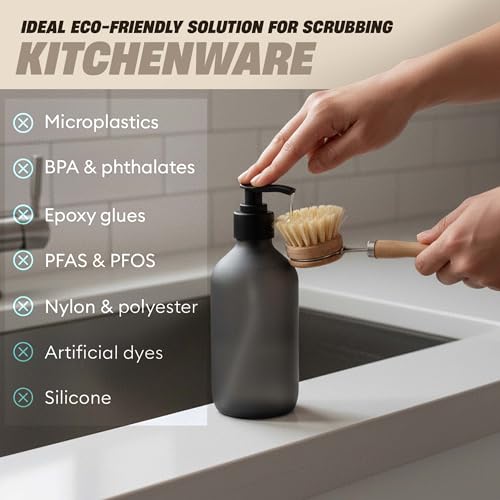 Bamboo Scrub Brush with Handle – Soft Sisal Bristles, Non-Toxic Dish Brush, Compostable & Biodegradable, Bamboo Dish Scrubber for Cookware, Bowls, Plates & Non-Stick Pans