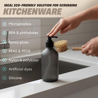 Bamboo Scrub Brush with Handle – Soft Sisal Bristles, Non-Toxic Dish Brush, Compostable & Biodegradable, Bamboo Dish Scrubber for Cookware, Bowls, Plates & Non-Stick Pans