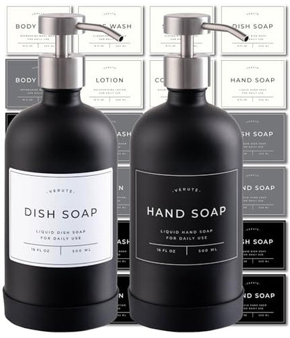 Hand and Dish Soap Dispenser for Kitchen and Bathroom, Set of 2 16 Oz Glass Bottles, Stainless Steel Pumps, Non-Slip Silicone Base, 27 Waterproof Labels (Matte Black Bottle/Brushed Silver Pump) - color: Matte Black Bottle / Brushed Silver Pump