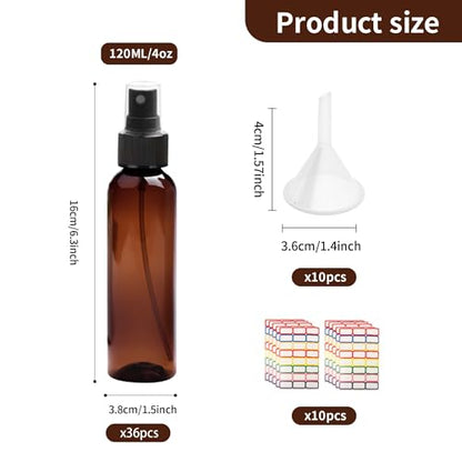 36 Pack Amber Plastic Spray Bottles 4 oz Small Spray Bottle Plastic Fine Mist Spray Empty Bottle, Amber 4 oz Spray Bottles Bulk for Travel, Essential Oils - color: Amber