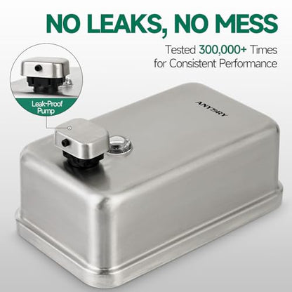 anydry Commercial Wall Mounted Soap Dispenser 37oz 1100ml Large Capacity Brushed Stainless Steel Manual Dispenser for High Traffic Restrooms - color: Brushed
