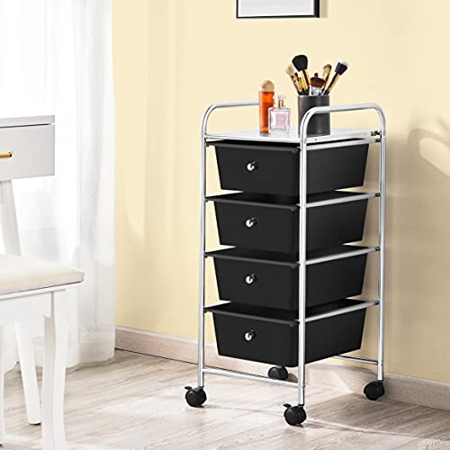 Yaheetech 4 Drawers Cart Rolling Storage Organizer Metal Frame Plastic Drawers Trolley Organizer on Wheels, Black - color: Black, style: 4 Drawers