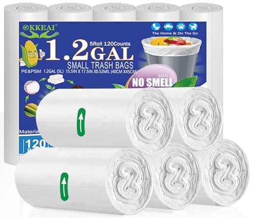 OKKEAI Small Trash Bags -1.2 Gallon Garbage Bags 5 Liter Trash Bags Wastebasket Liners for Bathroom,Office,Translucent,120 Counts Fit 5L 1.2,1.5,2Gal - style: 5L-120Bags- White