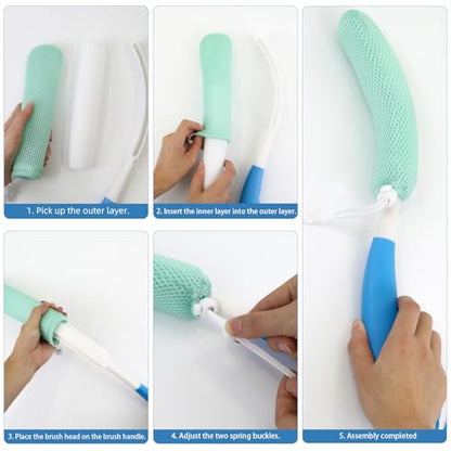 Back Scrubber for Shower，Mesh Sponge Body Shower Brush with Long Handle for Use in Shower Back Scrubber,Back Scrub for Exfoliating Body Scrubber or Shower Brush (Green and Green) - size: Green+Green Handle (YS0125)