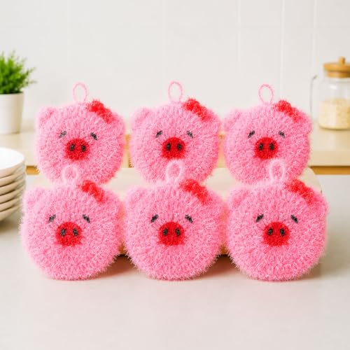 6 Piecs Cute Pig Shape Dish Sponge Dual Sided Non Scratch Pig Dish Washing Scrubbers, Reusable Household Cleaning Kitchen Tools for Dishwashing Washing Dishes Cookware - style: Pig