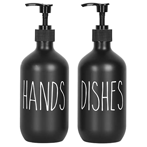 Hand and Dish Soap Dispenser Set 2 Pack 500ml Large Plastic Soap Dispensers Refillable Pump Liquid Sanitizer Bottles for Kitchen Bathroom Cute Farmhouse Style Home Decor (Black Hands+Black Dishes) - color: Black Dishes+black Hands