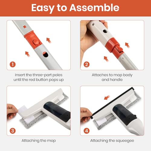 Spray Mop Window Cleaning Kit with Silicone Squeegee – Adjustable Aluminum Pole & Non-Slip Handle for Floors/Walls/Door/Windows/Cars/Bathroom, Detachable Tank & Washable Pads