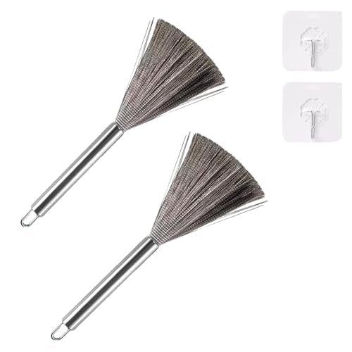 2Pcs Pots and Pans Clening Brush, Stainless Steel Scrubber Brush for Cookware Long-Handled Sink Cleaner Brush-2Hooks