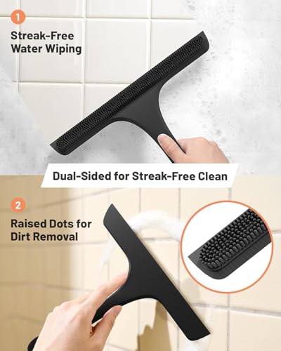 2-in-1 Silicone Shower Squeegee with Hook,Dual-Sided Design with Scraper & Scrub Surface,Streak-Free Bathroom Squeegee for Glass Doors,Mirrors,Windows,Car Windshields (Black Squeegee+Hook+Dispenser) - color: Black Squeegee+hook+dispenser