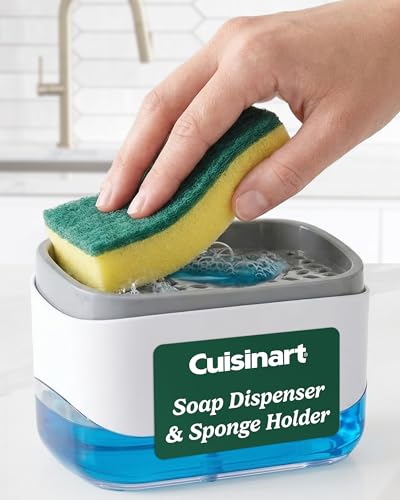 Cuisinart 2-in-1 Dish Soap Dispenser with Sponge Holder and Sponge for Kitchen Sink – Soap Pump Organizer Set with Tray, Countertop Caddy for Dishes, Dishwashing Liquid Dispenser, Sink Essentials - color: Gray/White