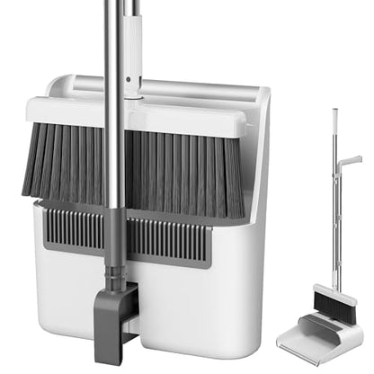 Household 53'' Broom and Dustpan Combo Set, Extra Long Handle Broom and ZeroGap Dustpan Sets with Teeth, Upright Storage Broom and Dustpan Sets for Home and Kitchen Off White
