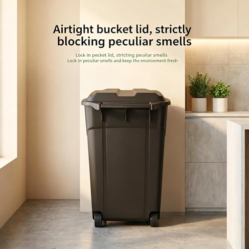 45 Gallon Wheeled Black Plastic Garbage Bin with Lid for Outdoor Use | Built-in rolling wheels enable easy moving around your patio, deck and garage with little effort