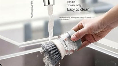 Soap Dispensing Dish Brush with Holder – Leakproof Kitchen Scrubber Brush with Soap Dispenser, Palm Grip Dish Cleaning Brush for Pots, Pans, Sink & Dishes – Gray