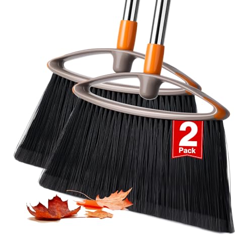 2 Pack Soft Bristle Broom for Pet Hair, Heavy Duty Collapsible Sweeping Broom for Indoor Hardwood Floors, Outdoor Deck, Kitchen, Patio, Stainless Steel Handle, Gray - size: Flagged Bristle-2 Pack