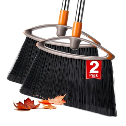 2 Pack Soft Bristle Broom for Pet Hair, Heavy Duty Collapsible Sweeping Broom for Indoor Hardwood Floors, Outdoor Deck, Kitchen, Patio, Stainless Steel Handle, Gray - size: Flagged Bristle-2 Pack