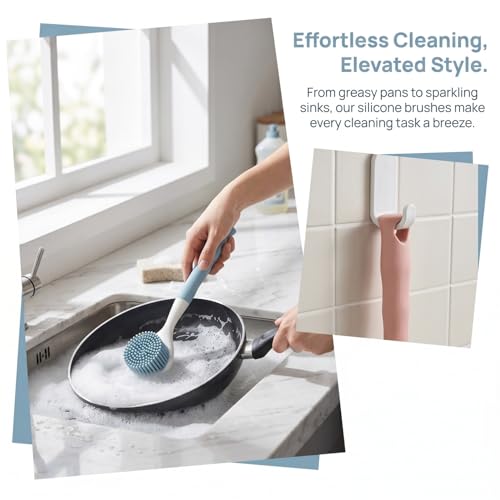 2 PCS Silicone Dishwashing Brush, Non-Stick Pot Scrubber with Long Handle, Durable Scrub Brushes for Cleaning Dishes, Cast Iron Pans, Sinks and Kitchen Cookware, Heat Resistant Cleaning Tool