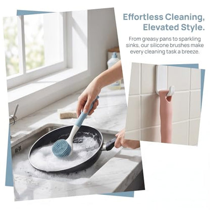 2 PCS Silicone Dishwashing Brush, Non-Stick Pot Scrubber with Long Handle, Durable Scrub Brushes for Cleaning Dishes, Cast Iron Pans, Sinks and Kitchen Cookware, Heat Resistant Cleaning Tool