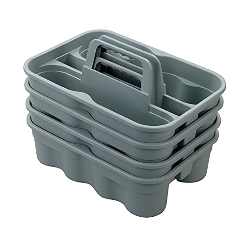 Kekow 4-Pack Plastic Storage Caddy, Carry Caddy with Handle, Gray | Portable Handle, Dual Compartment Design, Fits Tall Spray Bottles, Durable Plastic, for Home Hotel Restaurant Office