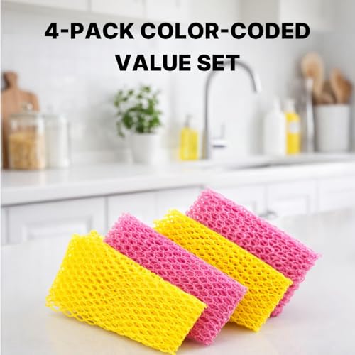 Mesh Dish Scrubber [4-Pack], Innovative Net Dish Cloths for Kitchen Cleaning, Non-Scratch & Fast Drying Scrubber for Pots, Pans, and Dishes (2 Yellow & 2 Pink)
