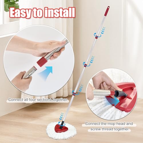 4-Section Spin Mop Handle Replacement, 30 to 58 inch Stainless Steel Handle Easy Install, Resistant to Deformation, American Threaded Joint, Compatible with O-Ceda Spin Mop Easy Wring Spin Mop Head