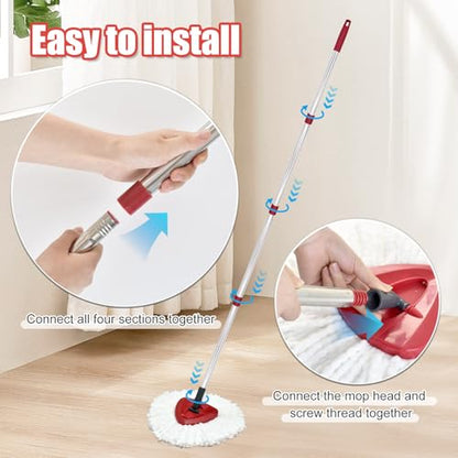 4-Section Spin Mop Handle Replacement, 30 to 58 inch Stainless Steel Handle Easy Install, Resistant to Deformation, American Threaded Joint, Compatible with O-Ceda Spin Mop Easy Wring Spin Mop Head