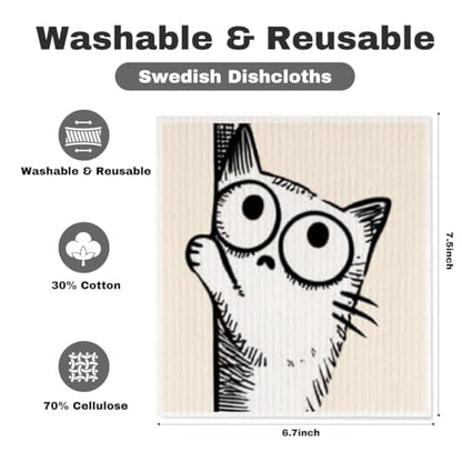 5 Pcs Cartoon Cute Peeking Kitten Swedish Dishcloths, Kitty Swedish Dishcloth, Funny Cat Dish Cloths for Drying Dishes, Reusable Cleaning Cloths, Cat Lover Gifts for Women 9 - color: Lm 03440