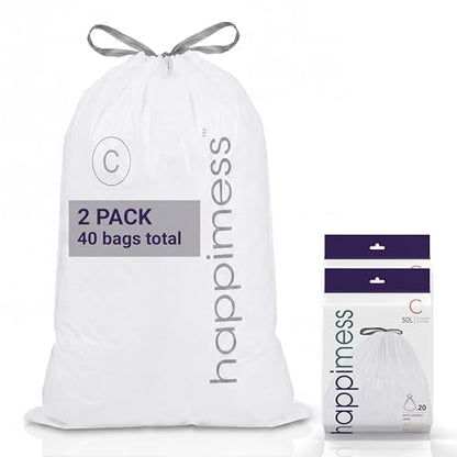 happimess 13.2 Gallon (50L) Drawstring Trash Bags, Unscented, White, Heavy Duty LDPE Liners for Kitchen and Household, Custom Fit 40 Count (2 Packs of 20 Liners) HPM3000C-W-2SET - color: White, size: 40 Count (Pack of 1)